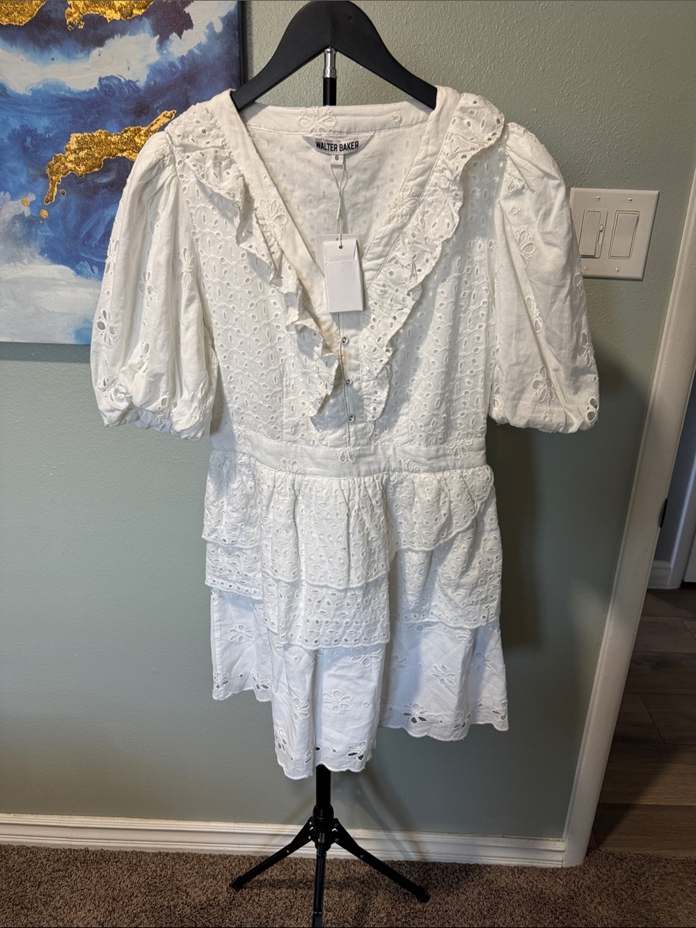 Walter Baker White Eyelet Ruffle Tiered Mini Dress